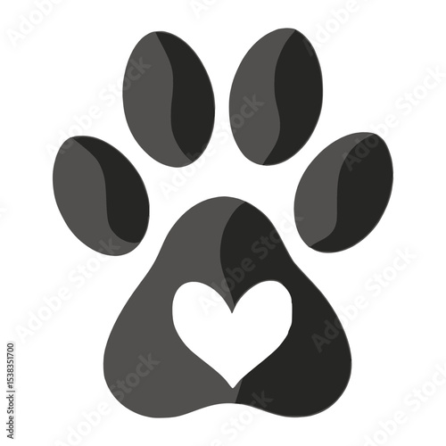 Paw Print with Heart Vector Graphic: Cute Animal Love Symbol, Pet Care, Adoption Logo, Black & White Clipart Illustration