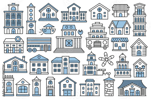 Collection of stylized buildings and structures including homes and public service designs