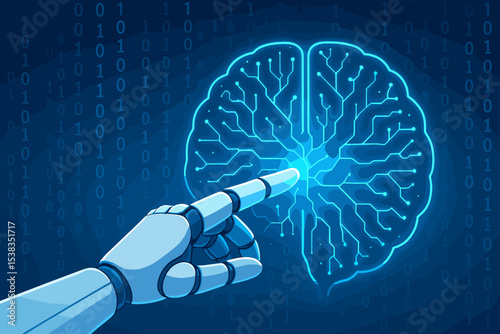 Artificial intelligence concept. Robot hand touching a digital brain on a binary code background. Machine learning, neural network, and future technology innovation. Digital mind.