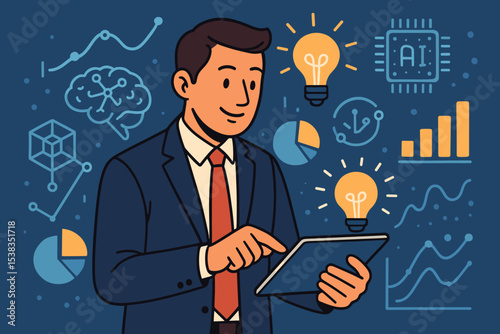 Businessman with tablet using AI for data analysis and business intelligence. Concept of innovation, strategy, and success. Vector illustration with charts, graphs, and idea icons.