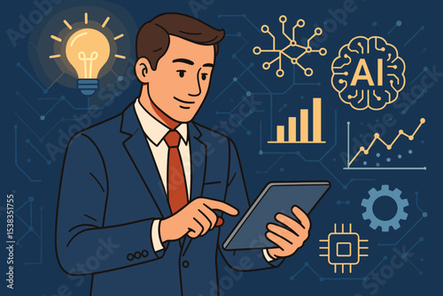 Businessman using tablet with AI technology for data analysis and business strategy. Concept of innovation, big data, growth. Vector illustration with lightbulb, graphs, neural network.
