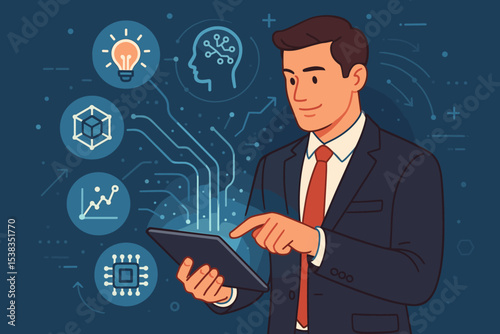 Businessman with tablet managing business data. Concept of digital transformation, artificial intelligence, big data analytics, innovation, blockchain, and corporate growth strategy.