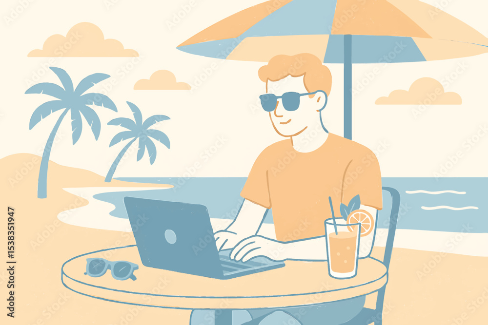 Obraz premium Man working on laptop while sitting on the beach under sunny sky