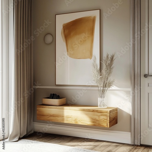 Entryway with Floating Console and Hidden Storage – Modern Minimalist Interior Featuring Wall-Mounted Furniture, Concealed Shoe Compartments, and Sleek Design for Stylish Home Organization