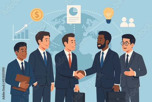 International Business Teamwork, Multicultural Corporate Meeting, Professionals Shaking Hands, Global Finance Partnership, Businesspeople with Briefcases, Network, Charts, Innovation, Collaboration