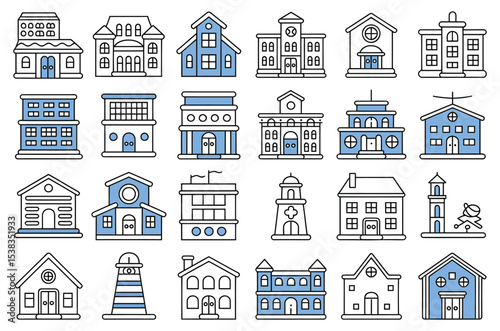 Collection of various stylized building icons and illustrations featuring modern architecture and construction for graphic design