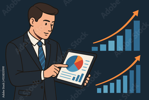 Businessman Presenting Sales Analytics on Tablet with Growth Chart, Data Visualization, Financial Report, Market Performance, Revenue Increase, Corporate Success, Digital Marketing Strategy