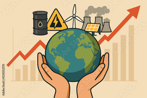 Global Energy Crisis Concept. Rising Oil Prices, Power Plant Pollution, Renewable Energy Icons, Hands Holding Earth, Growth Chart, Sustainable Future, Environmental Impact, Economic Challenge