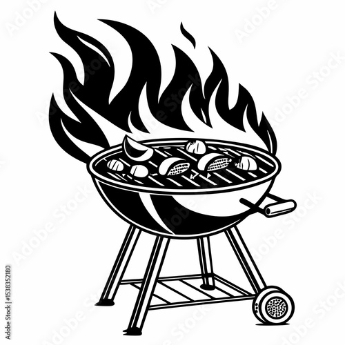 Black and White Illustration of a Barbecue Grill with Food.