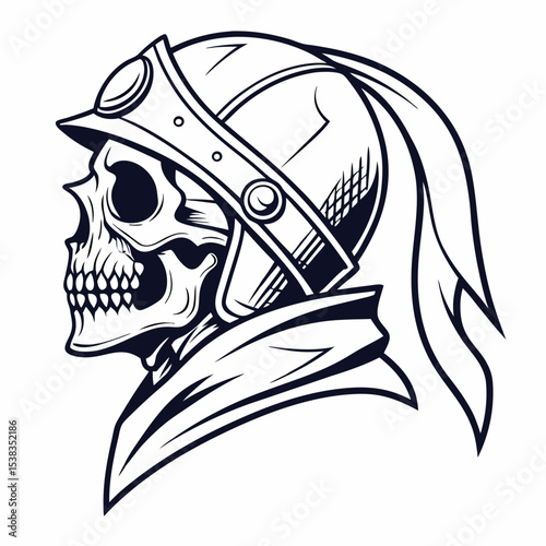 Skull in Vintage Motorcycle Helmet and Scarf Illustration.