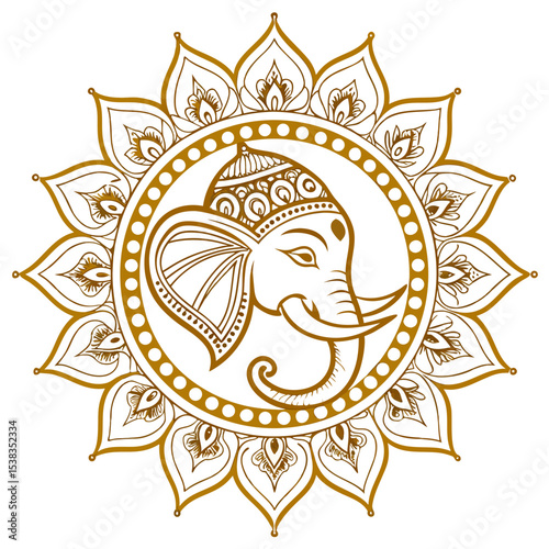 Intricate Golden Illustration of Lord Ganesha within a Mandala.