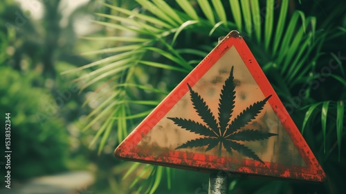 Close-up of red warning sign with cannabis leaf symbol, caution and prohibition concept, restricted substance and controlled drug policy, health and safety regulations.
