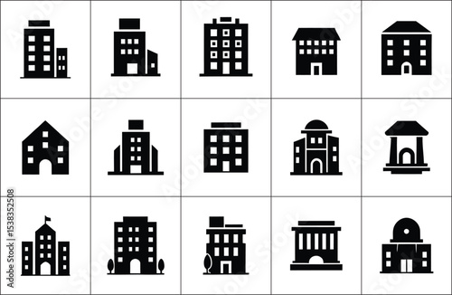 Black and white icon set of various buildings for architecture design and web illustrations