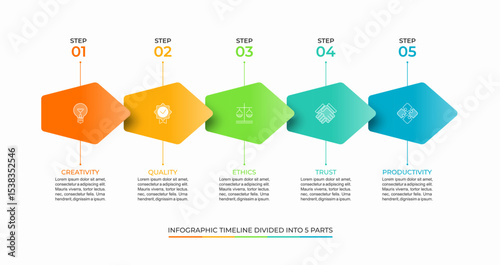 Colorful 5-Step infographic timeline vector template. Clean and minimal layout ideal for presentations, reports, strategy planning, or corporate visuals. Fully editable and scalable.