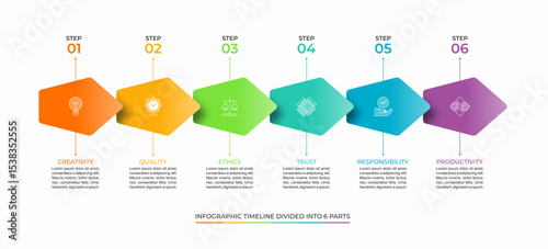 Colorful 6-Step infographic timeline vector template. Clean and minimal layout ideal for presentations, reports, strategy planning, or corporate visuals. Fully editable and scalable.