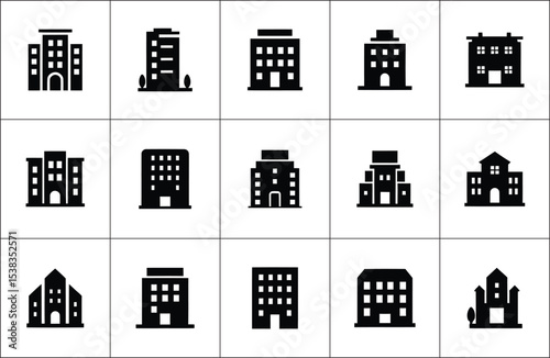 Collection of black and white building icons illustrating diverse architectural styles for design purposes