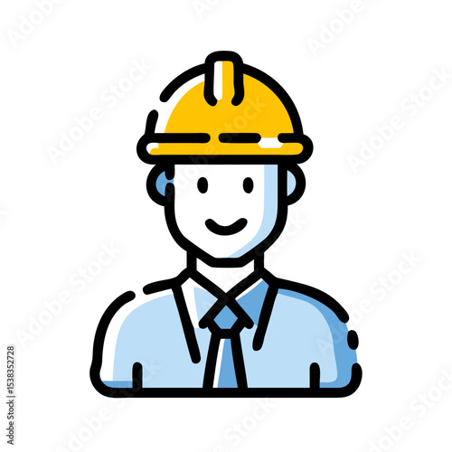 Construction Engineer Vector Icon in Hard Hat and Tie – Flat Design Illustration for Builder, Architect, Safety Inspector, Site Manager, Labor Safety, Industrial Worker, and Civil Engineering Concept
