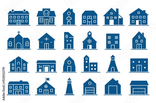 Collection of flat vector building icons representing various structures for architecture and design