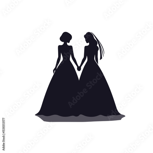 Elegant silhouette of two brides holding hands, romantic lesbian couple on their wedding day. Minimalist black design on transparent background.