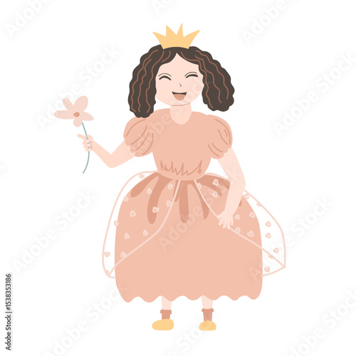 Happy princess with a flower. Vector isolated illustration.