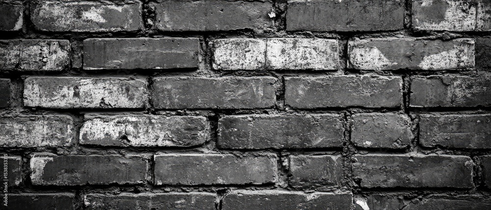 Fototapeta premium Weathered monochrome brick wall texture; dark grey bricks with visible mortar and signs of age and wear