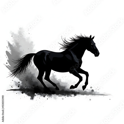 Black Horse Running Silhouette Vector Illustration | Wild Mustang Animal Graphic Art | Equestrian Design Element