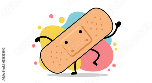 Animated Bandage Character with Arms and Legs Dancing on Colorful Background