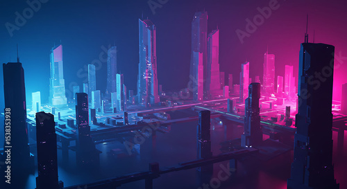 Futuristic Cityscape Illuminated with Neon Lights and Architectural Structures
