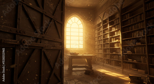 Sunlight Streaming Through Library Window Illuminates Books and Ancient Wooden Door
