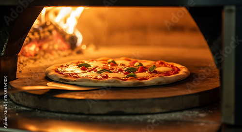 Delicious Pizza Baking in a Wood-Fired Oven with Fiery Flames