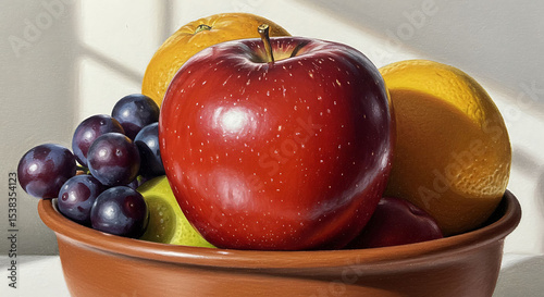Vivid Still Life: Red Apple, Grapes, Orange, and Lemon in a Bowl