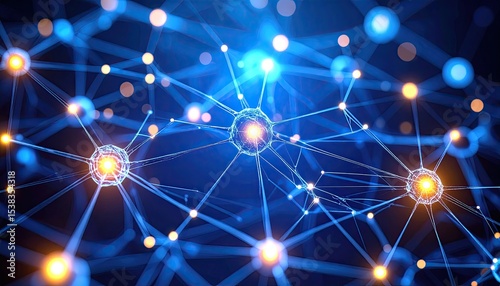 Glowing Neural Network: Interconnected Nodes with Bright Orange and Blue Hues