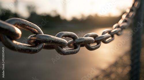 Close-up of a metal chain link fence, bathed in warm sunlight