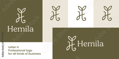 Elegant organic letter H logo with botanical leaf monogram design