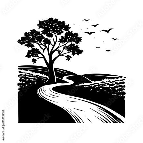 dramatic black and white landscape, large tree silhouette, winding dirt path, rolling Hillis, moody atmosphere, detailed linework, highly rendered, photorealistic