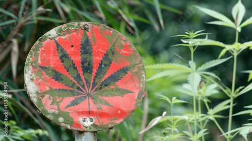 Close-up of red warning sign with cannabis leaf symbol, caution and prohibition concept, restricted substance and controlled drug policy, health and safety regulations.
