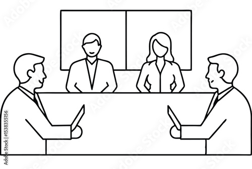 men and women office business meeting line art vector illustration