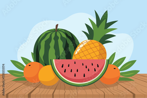 Juicy Summer Fruits Watermelon, Pineapple, and Oranges