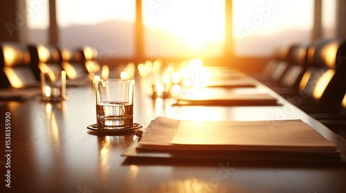 Conference room table at sunset, with documents and glasses