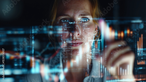 Wallpaper Mural A woman is looking at a computer screen with a lot of numbers and graphs Torontodigital.ca