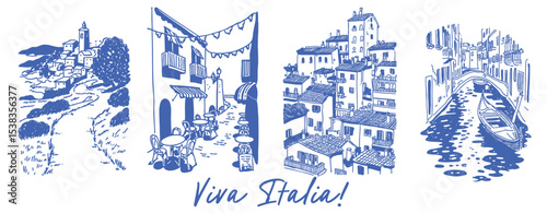 Set of traditional Italian hand drawn style scenes. Summer vacation and Italy tourism