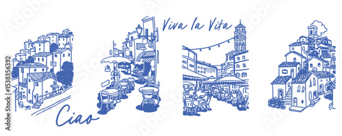 Set of traditional Italian hand drawn style scenes. Summer vacation and Italy tourism