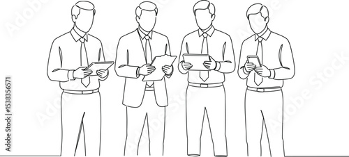 Businessmen using digital devices, teamwork collaboration illustration, office professionals with tablet and smartphone, corporate communication concept, .
