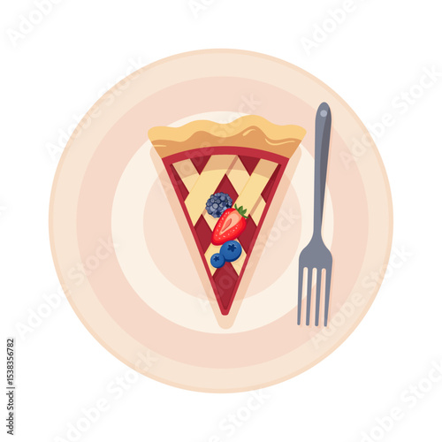 Vector slice of berry pie with jam and mixed berries – raspberry, blueberry, blackberry, strawberry – served on a plate with fork. Perfect for dessert menus, packaging, kids design, holidays and sales