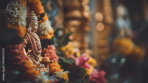 Close-Up of Venkatachalapathi Idol Surrounded by Flowers and Lights in a South Indian Hindu Festival Celebration photo