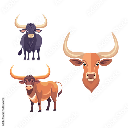 Cute watusi bull. Flat vector clipart, illustration with isolated background.