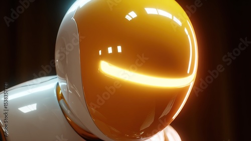 Close-up of a futuristic robot head, bright orange helmet, glowing visor, white body, dramatic lighting
