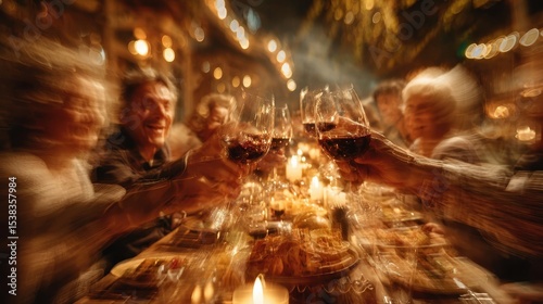 Celebratory toast dinner party table setting cozy restaurant close-up friendship and joy