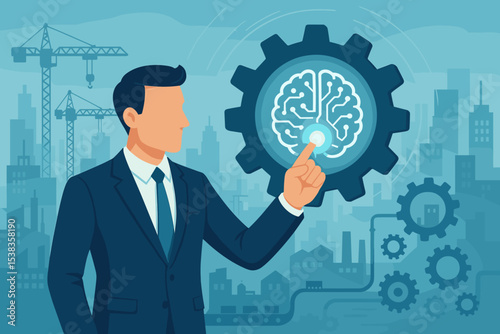 Businessman activating AI brain in gear. Industry 4.0 concept with smart factory and industrial automation. Engineering innovation, manufacturing process, technology brainstorm.