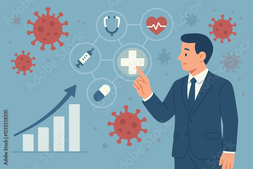 Healthcare industry growth vector concept. Businessman manages medical data with icons for vaccine, drugs, and cardiology. Pharmaceutical business investment, pandemic analysis, health tech.